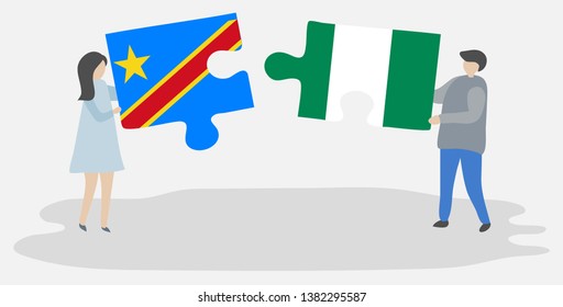 Couple holding two puzzles pieces with Congolese and Nigerian flags. Democratic Republic of the Congo and Nigeria national symbols together.