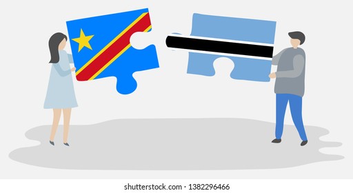 Couple holding two puzzles pieces with Congolese and Motswana flags. Democratic Republic of the Congo and Botswana national symbols together.