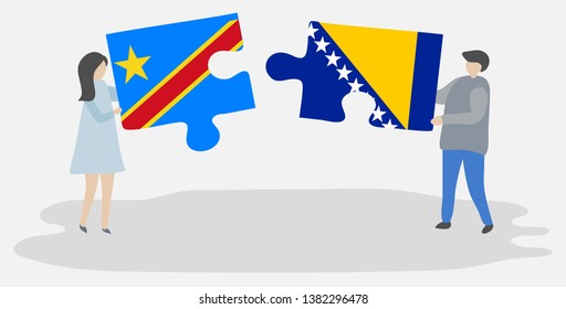 Couple holding two puzzles pieces with Congolese and Bosnian flags. Democratic Republic of the Congo and Bosnia and Herzegovina national symbols together.
