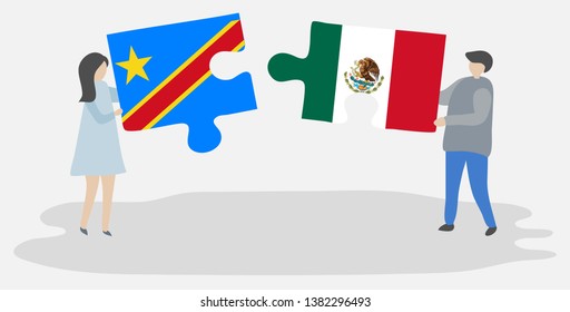 Couple holding two puzzles pieces with Congolese and Mexican flags. Democratic Republic of the Congo and Mexico national symbols together.