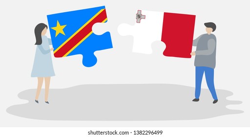 Couple holding two puzzles pieces with Congolese and Maltese flags. Democratic Republic of the Congo and Malta national symbols together.