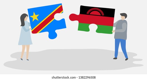 Couple holding two puzzles pieces with Congolese and Malawian flags. Democratic Republic of the Congo and Malawi national symbols together.