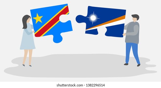 Couple holding two puzzles pieces with Congolese and Marshallese flags. Democratic Republic of the Congo and Marshall Islands national symbols together.