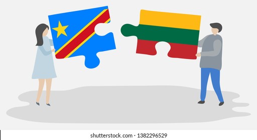 Couple holding two puzzles pieces with Congolese and Lithuanian flags. Democratic Republic of the Congo and Lithuania national symbols together.