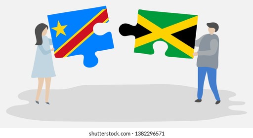 Couple holding two puzzles pieces with Congolese and Jamaican flags. Democratic Republic of the Congo and Jamaica national symbols together.