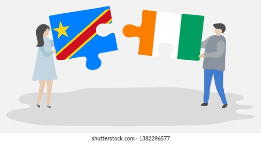 Couple holding two puzzles pieces with Congolese and Ivorian flags. Democratic Republic of the Congo and Ivory Coast national symbols together.