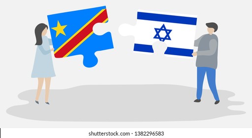 Couple holding two puzzles pieces with Congolese and Israeli flags. Democratic Republic of the Congo and Israel national symbols together.