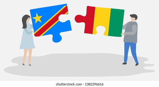 Couple holding two puzzles pieces with Congolese and Guinean flags. Democratic Republic of the Congo and Guinea national symbols together.