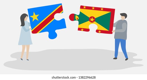 Couple holding two puzzles pieces with Congolese and Grenadian flags. Democratic Republic of the Congo and Grenada national symbols together.