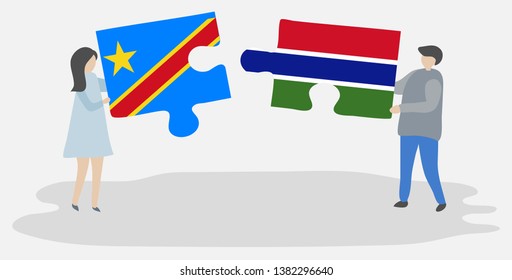 Couple holding two puzzles pieces with Congolese and Gambian flags. Democratic Republic of the Congo and Gambia national symbols together.