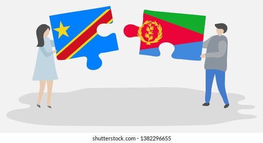 Couple holding two puzzles pieces with Congolese and Eritrean flags. Democratic Republic of the Congo and Eritrea national symbols together.