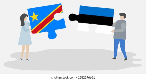 Couple holding two puzzles pieces with Congolese and Estonian flags. Democratic Republic of the Congo and Estonia national symbols together.
