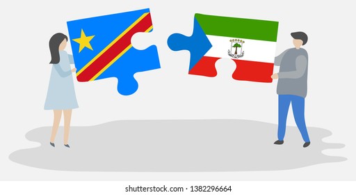 Couple holding two puzzles pieces with Congolese and Equatorial Guinean flags. Democratic Republic of the Congo and Equatorial Guinea national symbols together.