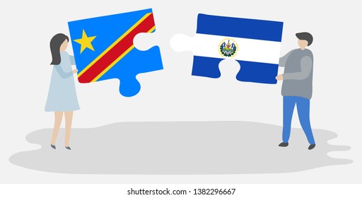 Couple holding two puzzles pieces with Congolese and Salvadoran flags. Democratic Republic of the Congo and El Salvador national symbols together.