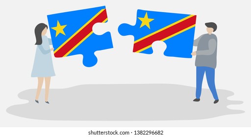 Couple holding two puzzles pieces with Congolese and Congolese flags. Democratic Republic of the Congo and Democratic Republic of the Congo national symbols together.