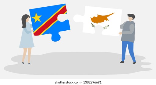 Couple holding two puzzles pieces with Congolese and Cypriot flags. Democratic Republic of the Congo and Cyprus national symbols together.