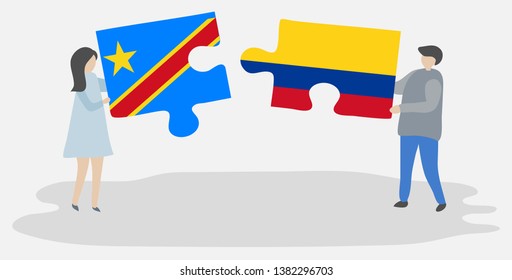 Couple holding two puzzles pieces with Congolese and Colombian flags. Democratic Republic of the Congo and Colombia national symbols together.