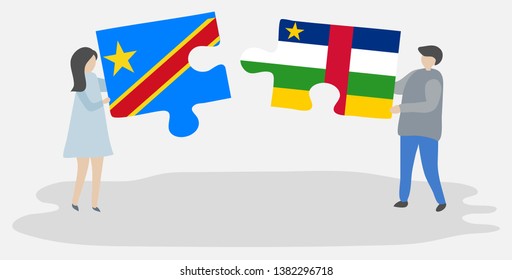 Couple holding two puzzles pieces with Congolese and Central African flags. Democratic Republic of the Congo and Central African Republic national symbols together.
