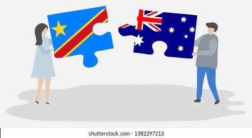 Couple holding two puzzles pieces with Congolese and Australian flags. Democratic Republic of the Congo and Australia national symbols together.