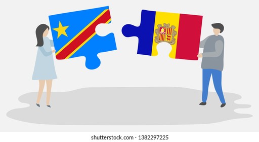Couple holding two puzzles pieces with Congolese and Andorran flags. Democratic Republic of the Congo and Andorra national symbols together.