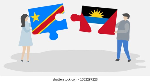 Couple holding two puzzles pieces with Congolese and Antiguan flags. Democratic Republic of the Congo and Antigua and Barbuda national symbols together.