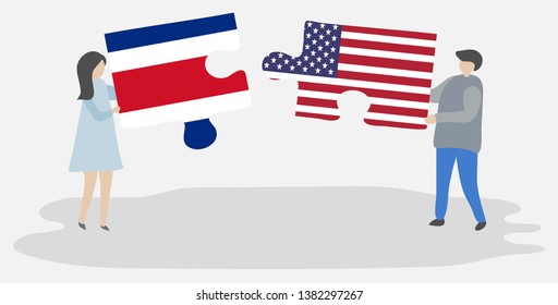 Couple holding two puzzles pieces with Costa Rican and American flags. Costa Rica and United States of America national symbols together.