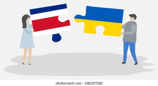 Couple holding two puzzles pieces with Costa Rican and Ukrainian flags. Costa Rica and Ukraine national symbols together.