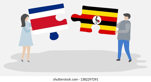 Couple holding two puzzles pieces with Costa Rican and Ugandan flags. Costa Rica and Uganda national symbols together.