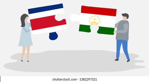 Couple holding two puzzles pieces with Costa Rican and Tajikistani flags. Costa Rica and Tajikistan national symbols together.