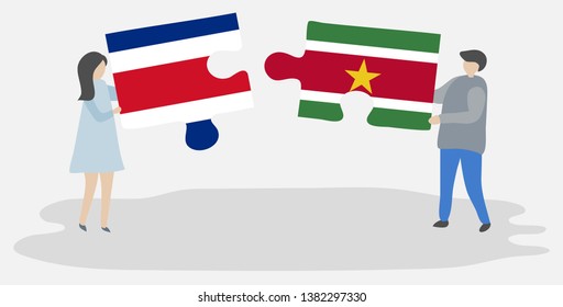 Couple holding two puzzles pieces with Costa Rican and Surinamese flags. Costa Rica and Suriname national symbols together.