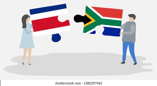 Couple holding two puzzles pieces with Costa Rican and South African flags. Costa Rica and South Africa national symbols together.