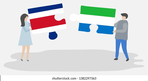Couple holding two puzzles pieces with Costa Rican and Sierra Leonean flags. Costa Rica and Sierra Leone national symbols together.