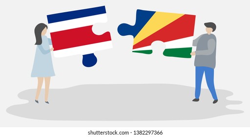 Couple holding two puzzles pieces with Costa Rican and Seychellois flags. Costa Rica and Seychelles national symbols together.