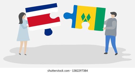 Couple holding two puzzles pieces with Costa Rican and Vincentian flags. Costa Rica and Saint Vincent and the Grenadines national symbols together.