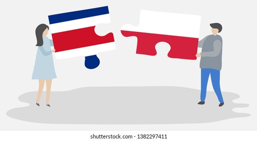 Couple holding two puzzles pieces with Costa Rican and Polish flags. Costa Rica and Poland national symbols together.