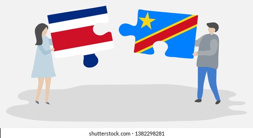 Couple holding two puzzles pieces with Costa Rican and Congolese flags. Costa Rica and Democratic Republic of the Congo national symbols together.
