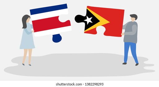 Couple holding two puzzles pieces with Costa Rican and Timorese flags. Costa Rica and East Timor national symbols together.