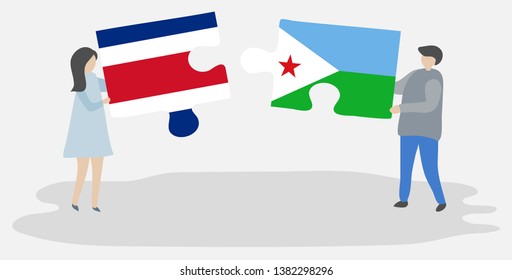 Couple holding two puzzles pieces with Costa Rican and Djiboutian flags. Costa Rica and Djibouti national symbols together.