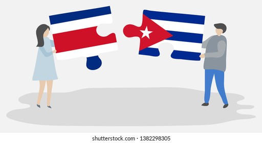 Couple holding two puzzles pieces with Costa Rican and Cuban flags. Costa Rica and Cuba national symbols together.