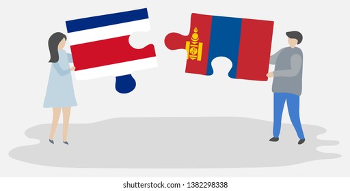 Couple holding two puzzles pieces with Costa Rican and Mongolian flags. Costa Rica and Mongolia national symbols together.