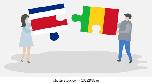Couple holding two puzzles pieces with Costa Rican and Malian flags. Costa Rica and Mali national symbols together.