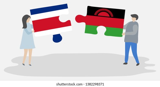 Couple holding two puzzles pieces with Costa Rican and Malawian flags. Costa Rica and Malawi national symbols together.
