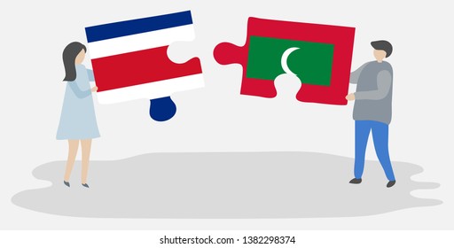 Couple holding two puzzles pieces with Costa Rican and Maldivian flags. Costa Rica and Maldives national symbols together.