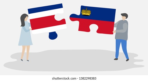 Couple holding two puzzles pieces with Costa Rican and Liechtenstein flags. Costa Rica and Liechtenstein national symbols together.