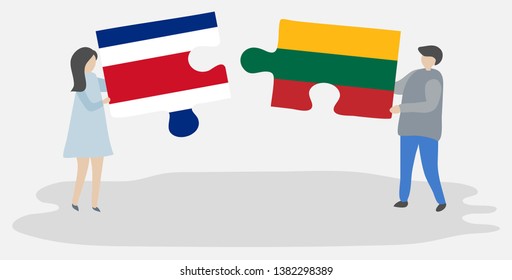 Couple holding two puzzles pieces with Costa Rican and Lithuanian flags. Costa Rica and Lithuania national symbols together.