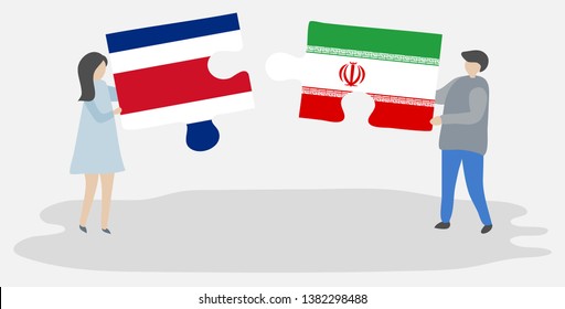 Couple holding two puzzles pieces with Costa Rican and Iranian flags. Costa Rica and Iran national symbols together.
