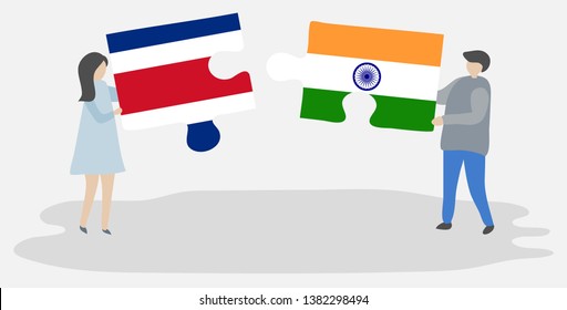 Couple holding two puzzles pieces with Costa Rican and Indian flags. Costa Rica and India national symbols together.