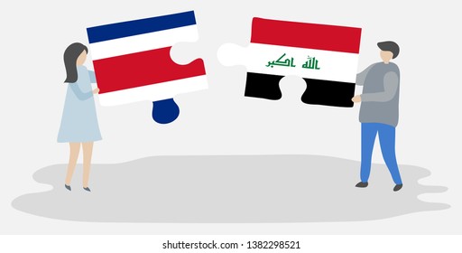 Couple holding two puzzles pieces with Costa Rican and Iraqi flags. Costa Rica and Iraq national symbols together.