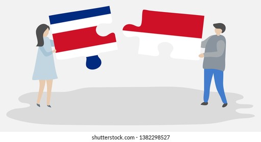 Couple holding two puzzles pieces with Costa Rican and Indonesian flags. Costa Rica and Indonesia national symbols together.