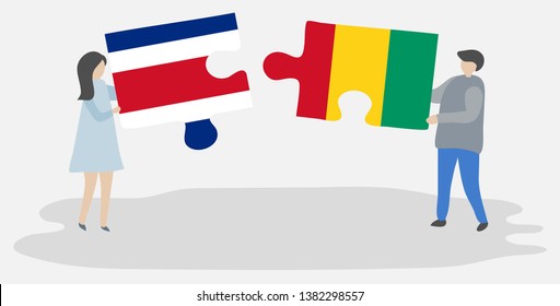 Couple holding two puzzles pieces with Costa Rican and Guinean flags. Costa Rica and Guinea national symbols together.